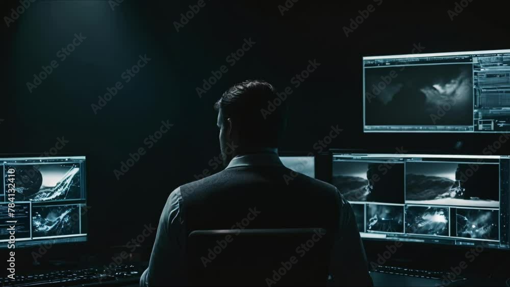 the man is watching the monitors. the security system. Espionage. the scientist looks at the monitor. The government is watching people.The guy is looking at the monitors. hacker breaks into the secur the man is watching the monitors. the security system. Espionage. the scientist looks at the monitor. The government is watching people.The guy is looking at the monitors. hacker breaks into the secur