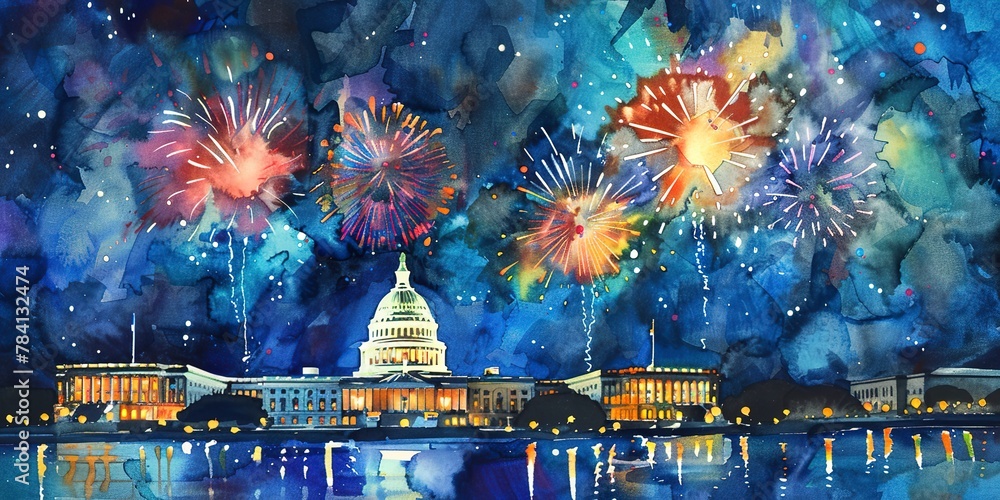Watercolor banner, fireworks over the Capitol, radiant colors against night sky, wide celebration. 