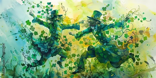 Banner, dancing leprechauns, watercolor, lively shades of green, evening jig, panoramic fun. 