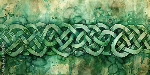 Banner, Celtic knots, watercolor, intricate green lines, historic patterns, noon light, wide heritage photo