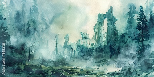 Banner, ancient castle ruins, watercolor, emerald moss, foggy dawn, panoramic mystery. 