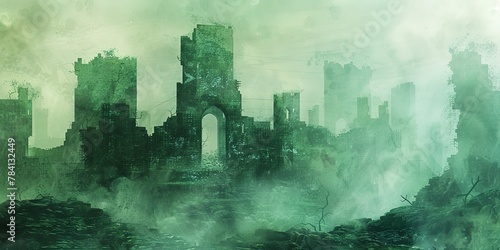 Banner, ancient castle ruins, watercolor, emerald moss, foggy dawn, panoramic mystery.
