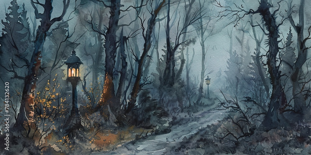 Banner, spooky forest path, watercolor, gnarled trees, foggy dusk, lantern light, wide mysterious adventure.
