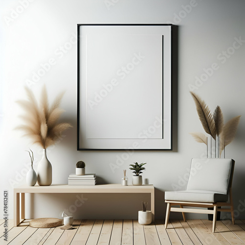 Modern Basic Contemporary Scandi Scandinavian Minimalist Interior Room, Photo White Mockup Empty Blank Rectangular Vertical Picture Frame Neutral on Beige Wall. Classic Solitary Aesthetic Living Table photo