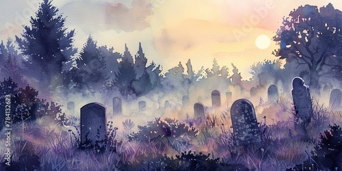 Watercolor, graveyard at dawn, banner, ancient stones, soft grey mist, first light, wide silent stories.  #784132623
