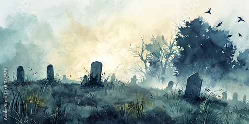 Watercolor, graveyard at dawn, banner, ancient stones, soft grey mist, first light, wide silent stories. 
