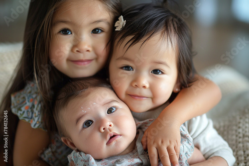 A proud sister holding her baby brother and sister, capturing a beautiful family moment.