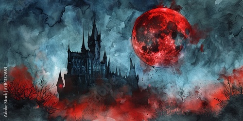 Watercolor banner, vampire's castle, stark against a blood-red moon, night, wide haunting domain. - photo