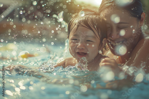 A mom and baby having a joyful splash in a pool, with water droplets frozen in mid-air.