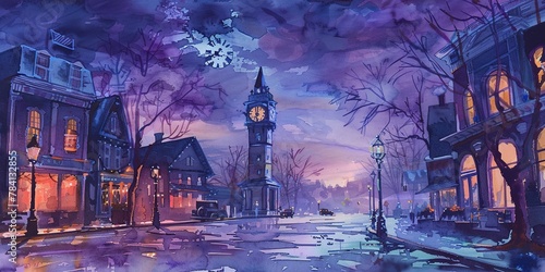 Watercolor banner, countdown clock striking midnight, historic town square, twilight, wide, momentous transition.
