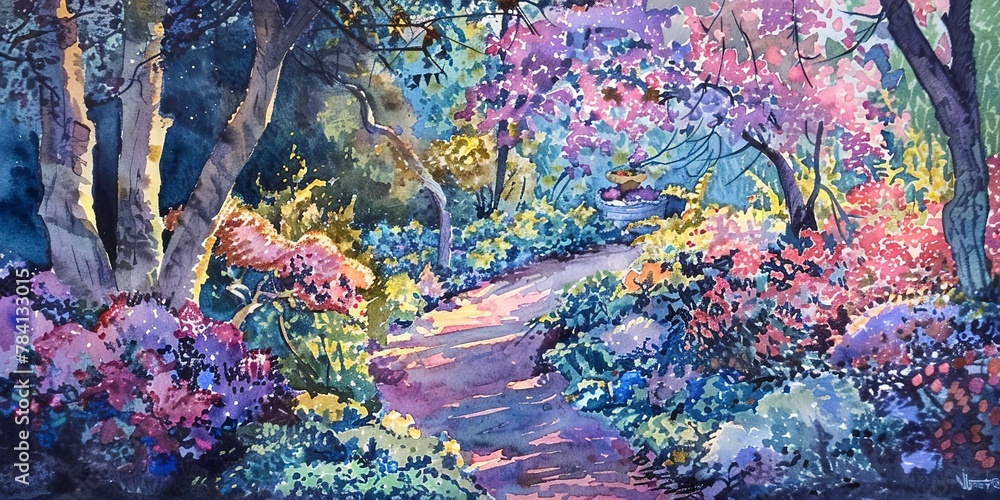 Banner, garden walk, watercolor, winding path through blooming flowers, dusk, wide, peaceful companionship