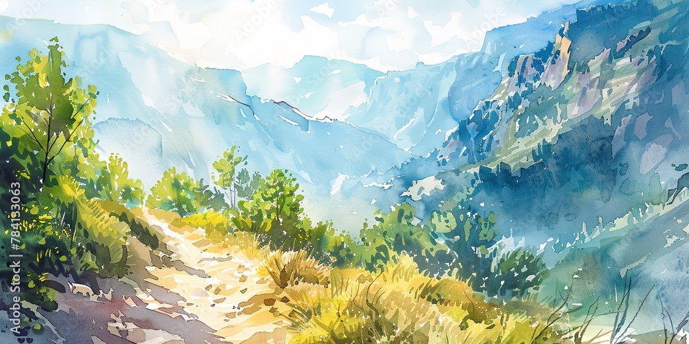 Watercolor, hiking adventure, banner, mountain trail, lush landscapes, midday, wide, shared exploration. - obrazy, fototapety, plakaty 