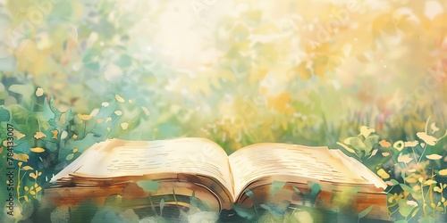 Watercolor banner, motherâ€™s favorite book, open pages, soft-focus garden background, golden hour, wide, literary homage.  photo