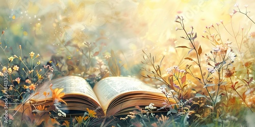 Watercolor banner, motherâ€™s favorite book, open pages, soft-focus garden background, golden hour, wide, literary homage. photo
