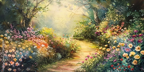 Banner  garden walk  watercolor  winding path through blooming flowers  dusk  wide  peaceful companionship. 