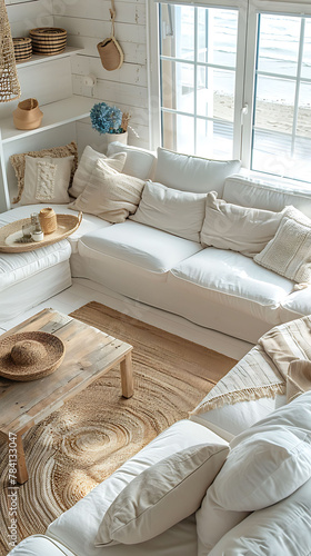 Overhead view of a coastal-inspired living room with beachy decor, scandinavian style interior