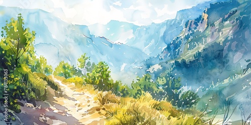 Watercolor, hiking adventure, banner, mountain trail, lush landscapes, midday, wide, shared exploration.