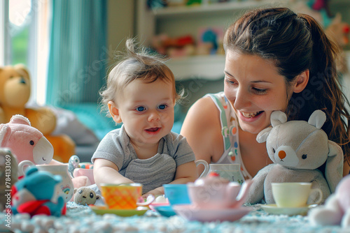 A mom and baby having a delightful tea party with stuffed animals, surrounded by colorful toy tea cups.