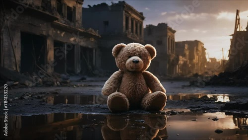 A toy teddy bear lies in puddles in a ruined city. the destroyed city after the airstrike. children are victims of the military conflict. innocent victims of military conflicts photo