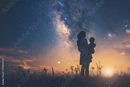 A mom and baby gazing up at a starry night sky  marveling at the beauty and vastness of the universe.