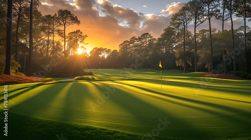 Golf course - tournament - country club - pristine - well-manicured - sunset - golden hour - links - green - fairway - tee 