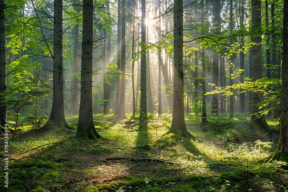 Fototapeta premium A serene forest scene with sunlight streaming through the trees.