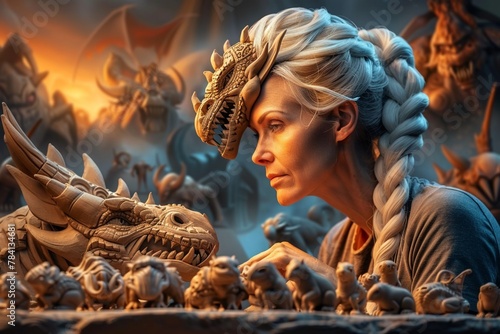 An artist sculpts clay, her head a creative chaos of crafting critters , Scifi Tone