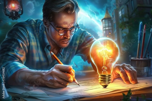An architect drawing plans where the pencil tip is a glowing light bulb, drafting illuminated ideas , photo