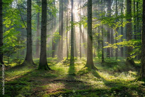 A serene forest scene with sunlight streaming through the trees.
