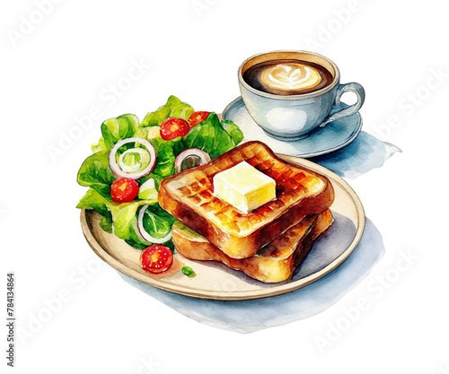 白い画用紙に描いたバタートーストとサラダとコーヒーのモーニングセットのイラスト
