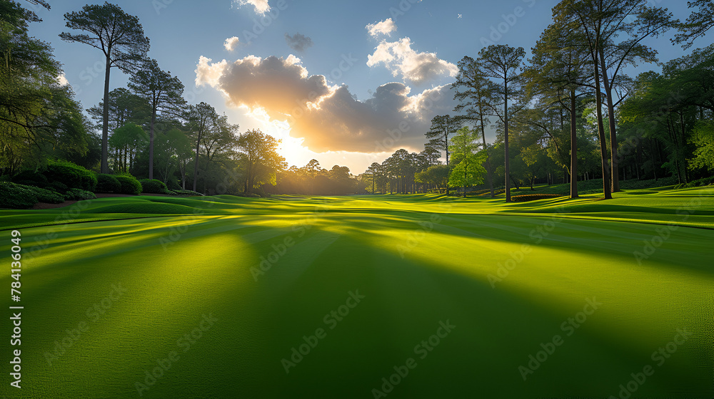 Golf course - tournament - country club - pristine - well-manicured - sunset - golden hour - links - green - fairway - tee  - obrazy, fototapety, plakaty 