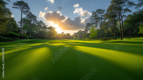 Golf course - tournament - country club - pristine - well-manicured - sunset - golden hour - links - green - fairway - tee  photo