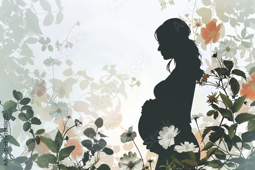 A silhouette of a pregnant woman surrounded by blooming flowers.