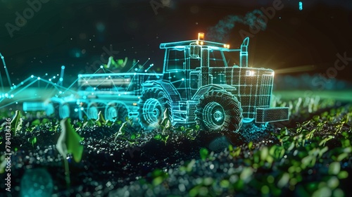 Another 3D rendering shows agriculture and farming with a car truck in a holographic futuristic display, focusing on technology security for premium business finance in the agriculture sector