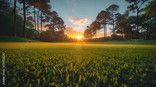 Golf course - tournament - country club - pristine - well-manicured - sunset - golden hour - links - green - fairway - tee  photo