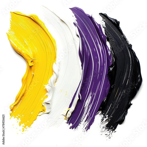 Drawn with four separate strokes of oil paint brushes  one stroke each in yellow  white  purple  and black  against a white background.