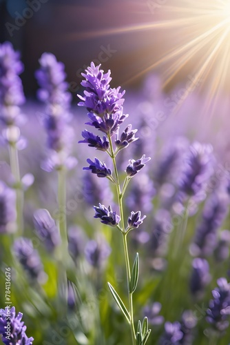 Lavender flowers blooming in the meadow at sunset