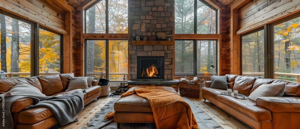 Fototapeta premium Cozy Woodland Retreat with Crackling Fireplace and Serene Nature Views. Concept Forest Getaway, Cabin Life, Nature's Peace, Rustic Charm, Fireside Relaxation