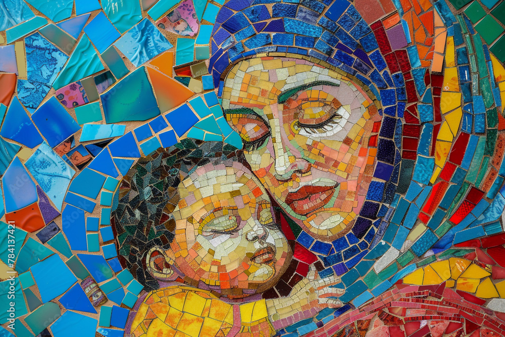 A mom and baby depicted in a mosaic art style, composed of vibrant tiles.