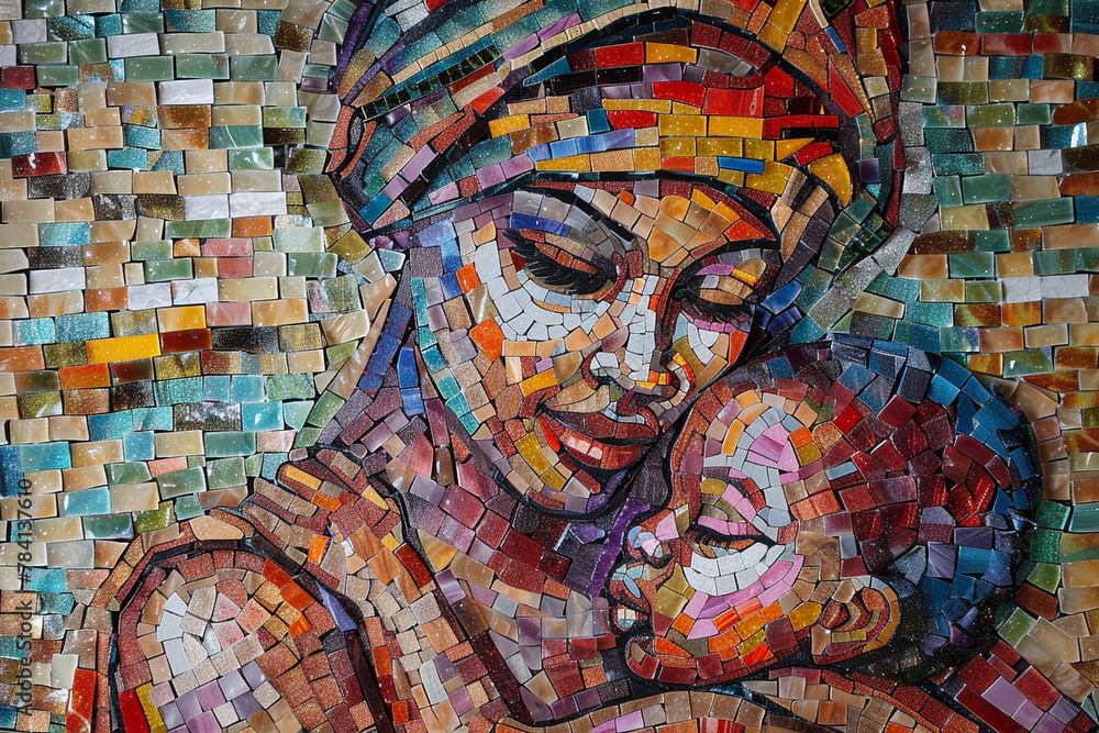 A mom and baby depicted in a mosaic art style, composed of vibrant tiles.
