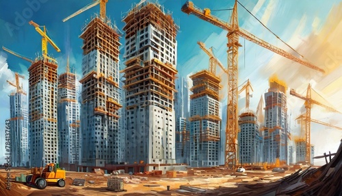 generic under construction site as mega residential towers complex for apartments or flat investment in real estate and infrastructure projects, wide banner photo