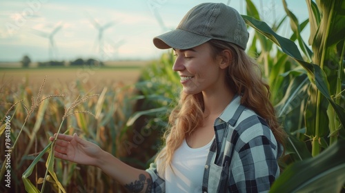 Smiling woman in plaid shirt inspecting crops in cornfield with wind turbines in background, environmental agriculture concept. Copy space.