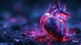 Illuminated neon heart concept on a dark background with glowing pink and blue lights, highlighting cardiovascular health and technology. Copy space.