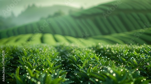 Morning dew on fresh green tea leaves in a plantation, rolling hills landscape in the background. Ideal for agriculture, nature, and freshness themes.
