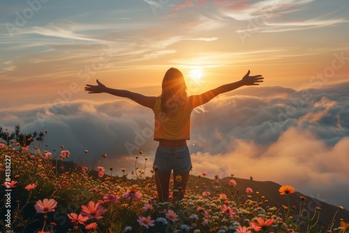 Woman embracing sunrise above clouds on mountain with wildflowers, concept of freedom and adventure photo