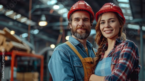 Confident construction workers, male and female with hard hats and tool belt in an industrial warehouse setting. Suitable for job safety, teamwork, and skilled labor themes. Copy space.