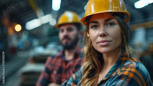 Confident female worker with male colleague in a warehouse, industrial teamwork, skilled laborers in a factory setting, workplace safety and equality in manufacturing, focused professionals.