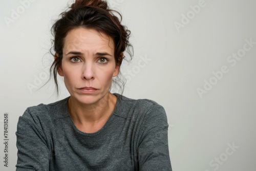 Concerned middle-aged woman with a pensive expression, isolated on a white background, potential concept for worry, contemplation, or decision-making. photo
