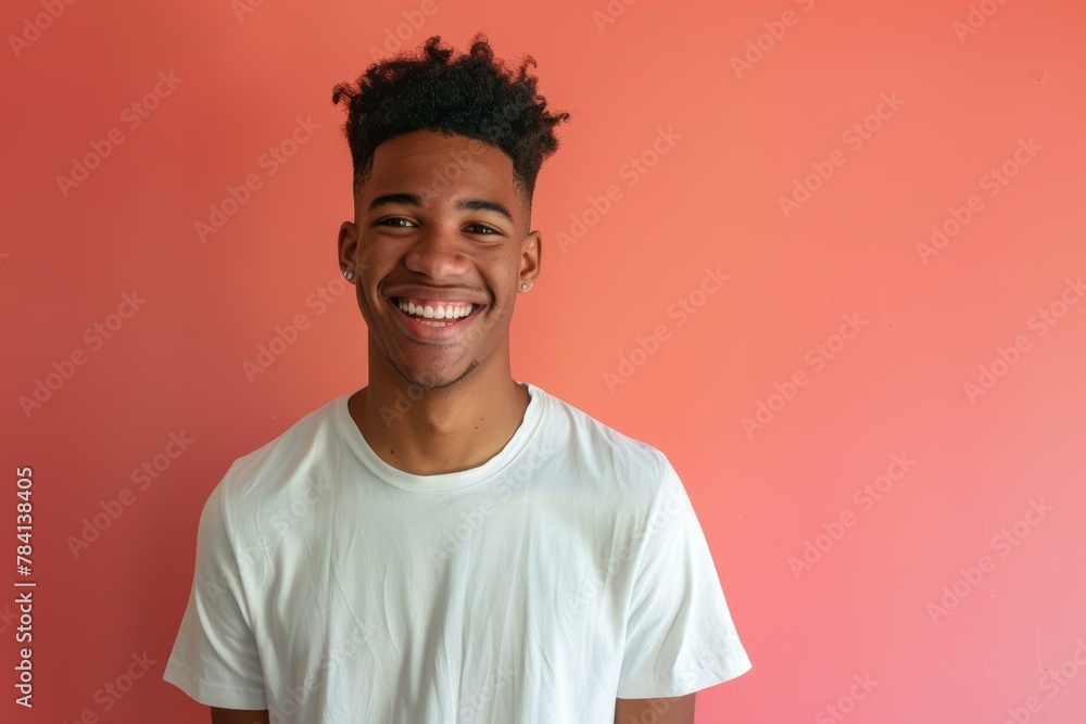 Young man with a cheerful smile wearing a white t-shirt against a coral background Young man with a cheerful smile wearing a white t-shirt against a coral background