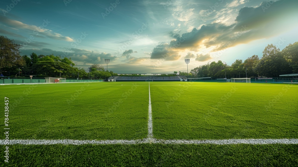 Soccer field at sunset with vibrant green grass and clear marking lines under a dramatic sky